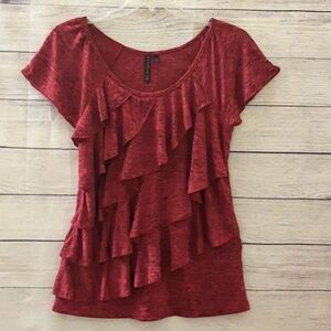 Allie & Rob Short Sleeve Tiered Ruffled Top Blouse, Magenta Black, M (L Tag)